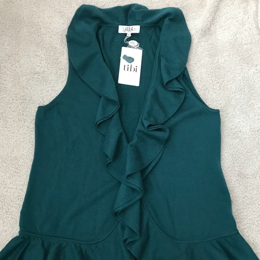 NWT Tibi Ruffled Sleeveless Sweater Cardigan Green
